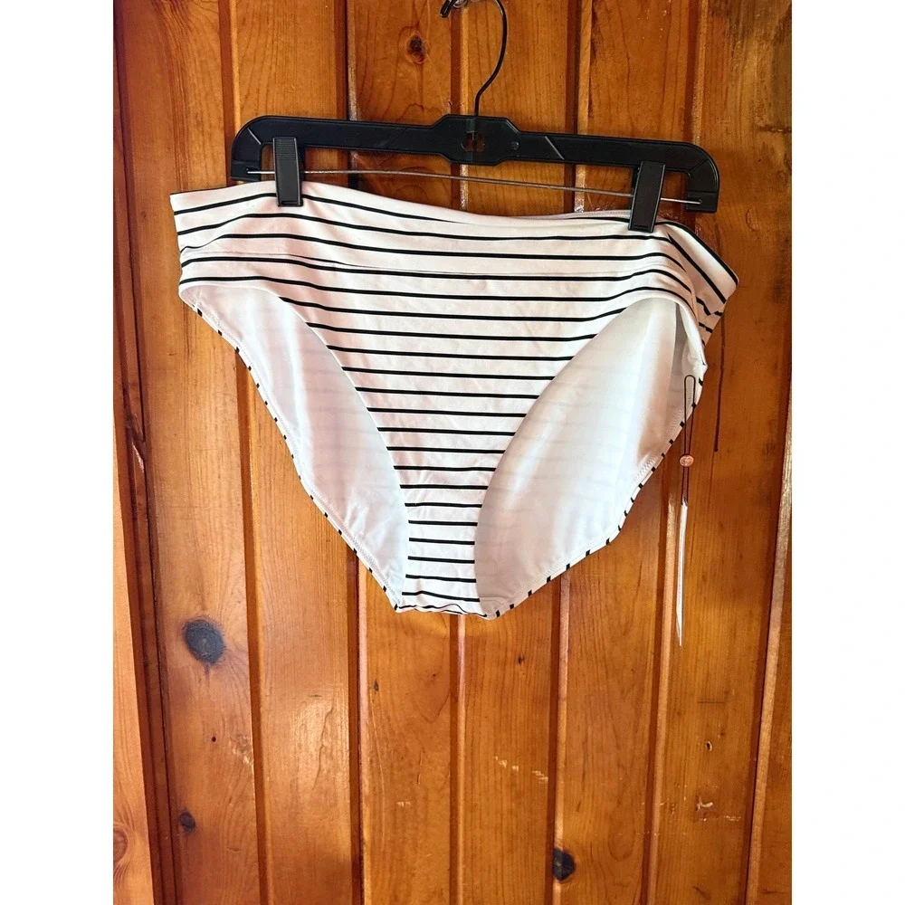 Calia Coastal‎  Stripe Mid Rise Bikini Bottom White Black Wide Banded Size XL